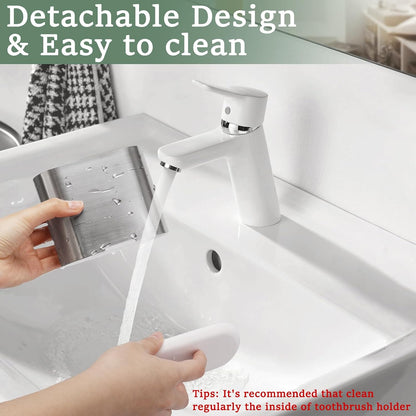 Bamboo Toothbrush Holder for Bathrooms Toothpaste Organizer, Small, White | 2 Slots, Easy to Clean, Plastic, Kids Electric Toothbrush, Drainage, Removable, For Bathroom, Vanity, Kitchen Sink, Office