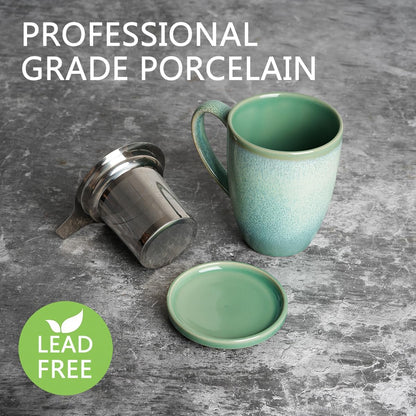 Bosmarlin Ceramic Tea Cup with Infuser and Lid, 13.5 Oz, Loose Leaf Tea Steeper Mug with Strainer, Microwave and Dishwasher Safe, Reactive Glaze (13.5 Oz, Pale Green)