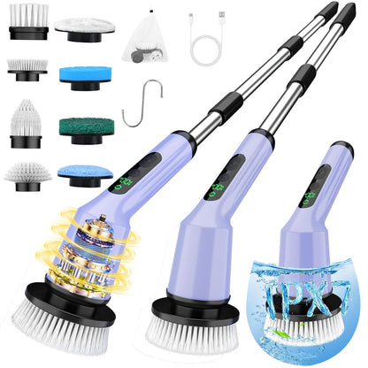 Electric Spin Scrubber for Bathroom, Shower Scrubber with Long Handle | Shower Cleaner Brushes, IPX7 Waterproof & 2 Speed, 3 Brush Heads, 90min Runtime, Bathroom Cleaning Supplies for Toilet Tub
