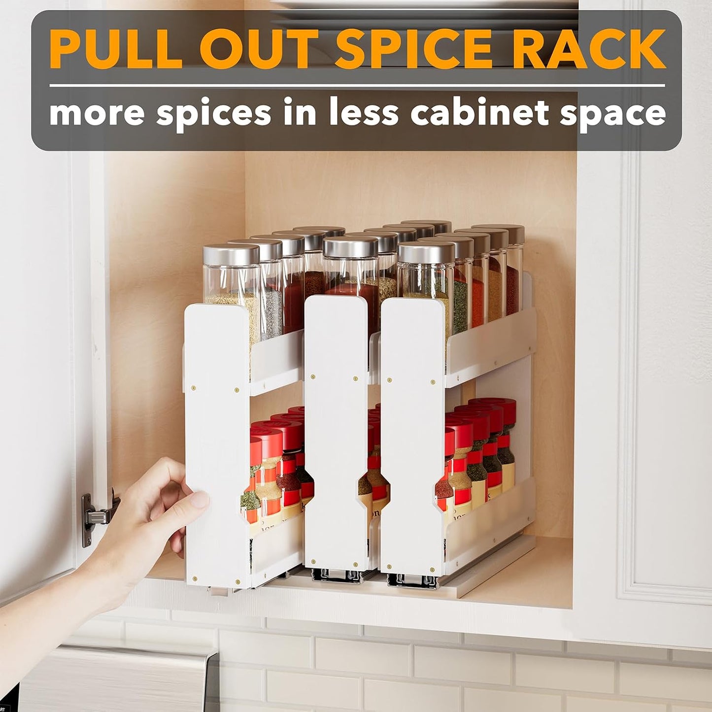 SpaceAid Bamboo Pull Out Spice Rack Organizer for Cabinet, Heavy Duty Slide Out Seasoning Kitchen Pantry Sliding Vertical Organization, 7.6" Wide, 3 Drawers(2" Wide), 2-Tier, Natural