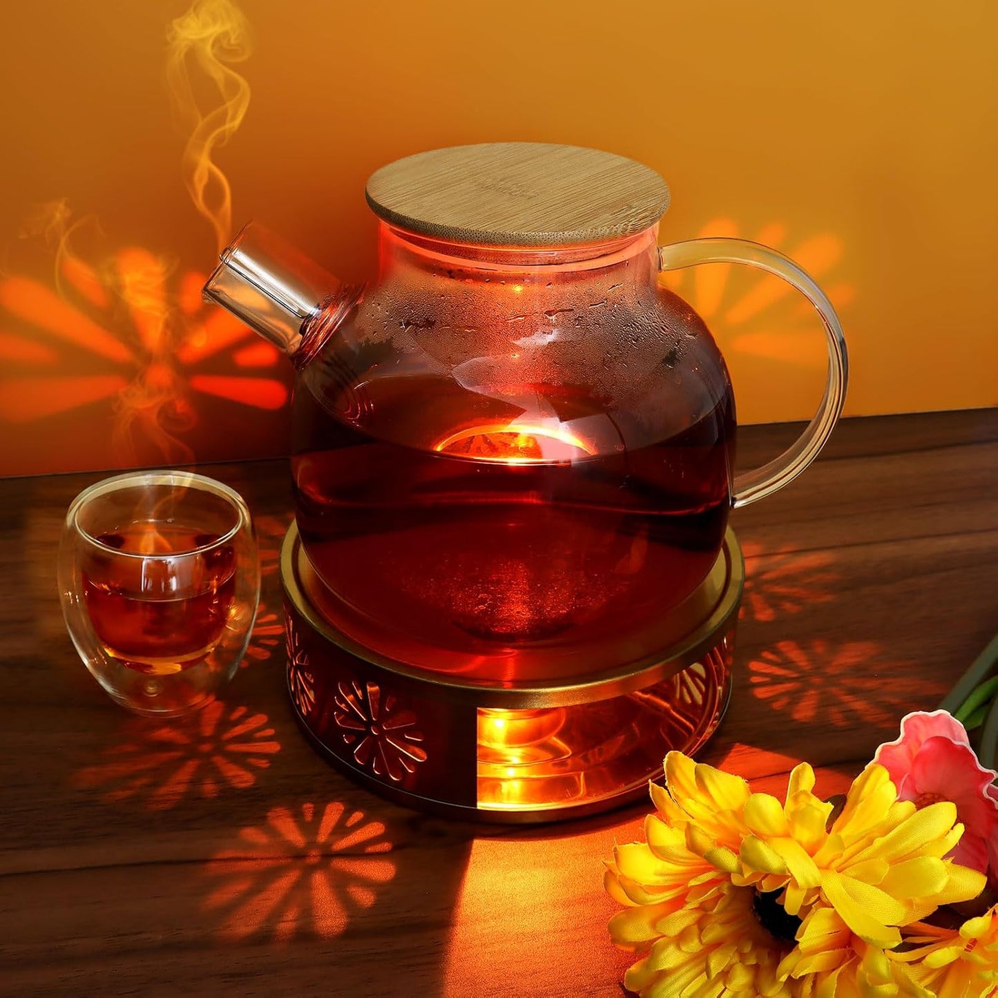 Tea Warmer Petals Silhouette, Silver Brushed Stainless Steel | Teapot Warmer Includes 1 Tealight Holder