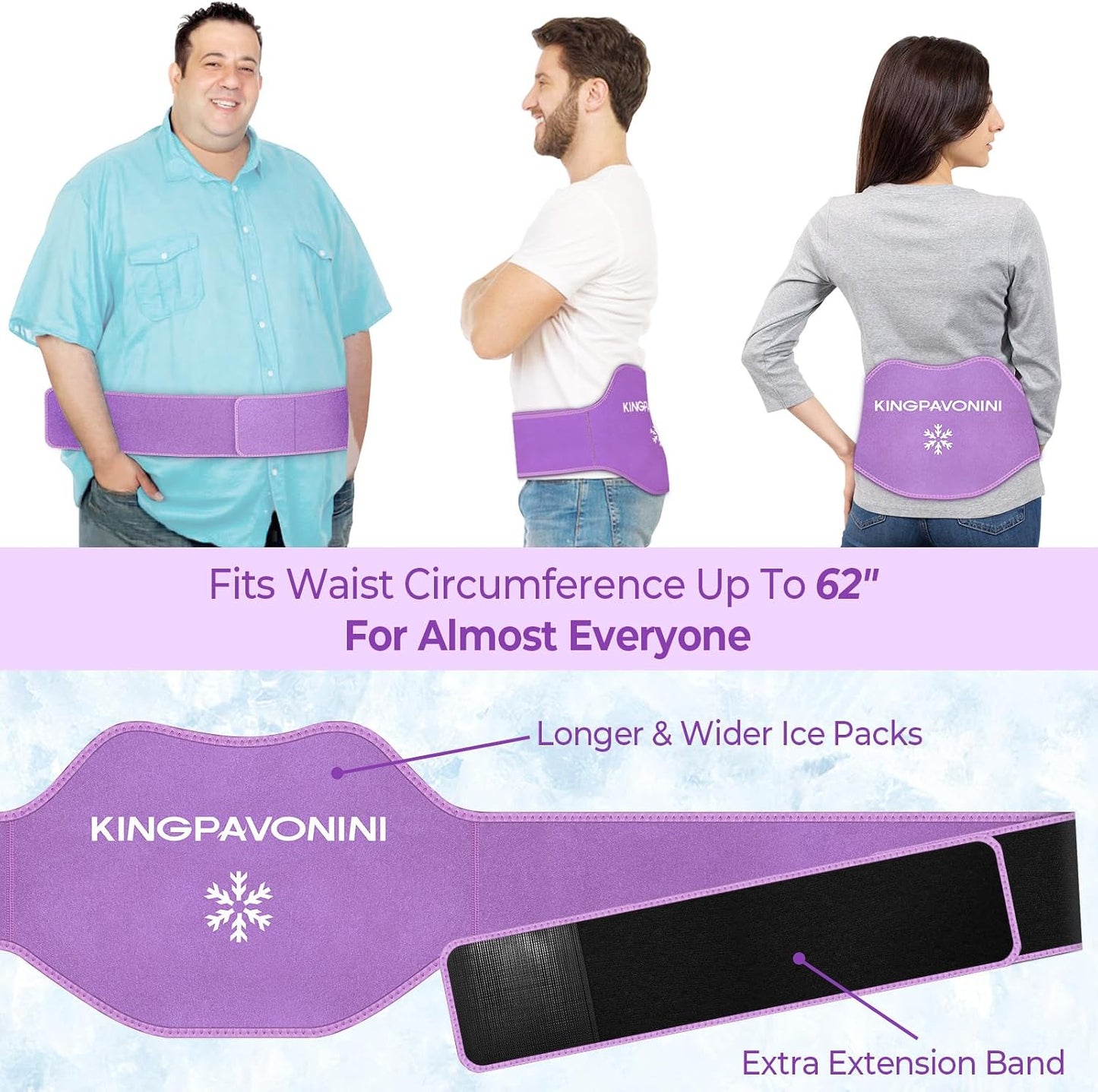 KingPavonini Extra Large Ice Pack for Back Pain Relief, 2 Gel Packs, Blue | 35-Min Long-Lasting & Instant Pain Relief, Leakproof Back Ice Pack, Extension Strap, Hot Cold Therapy, Skin-Safe Lycra Fabric