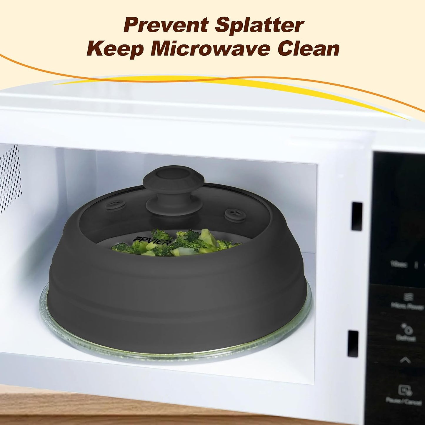 Microwave Splatter Cover, Vented Silicone & Glass Anti-Splatter Lid with Handle, Collapsible Food Plate Cover Fits 6–11 Inch Plates and Bowls (Black, 10.8inch)