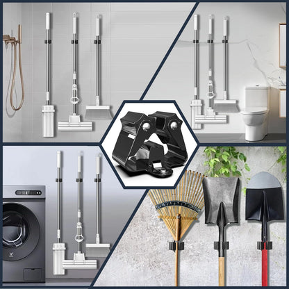 3-H Broom Holder Wall Mount 12 Pack, Heavy Duty Stainless Steel Mop and Broom Organizer Clips, Strong Grip Wall Mount Holders for Garage, Garden, Laundry Room & Utility Closet, Black
