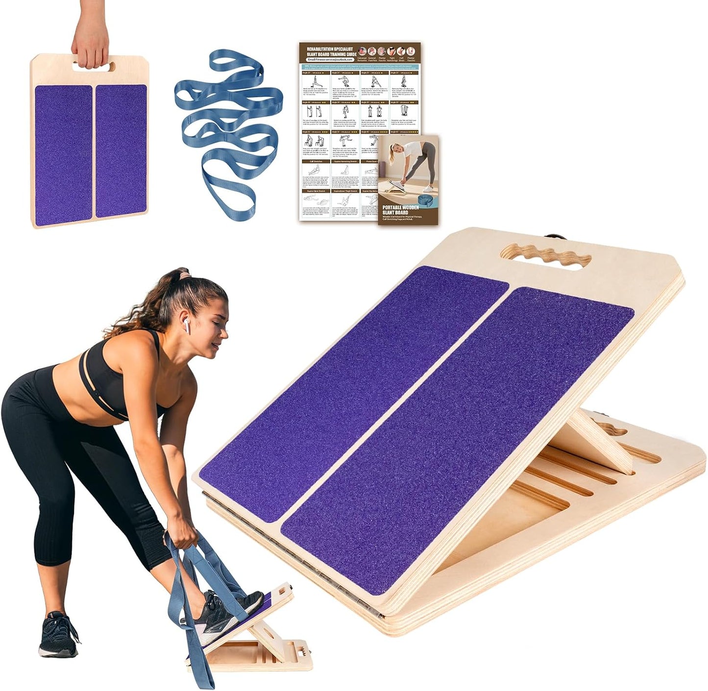 Slant Board Calf Stretch with Stretch Strap, 300 lb Portable Incline Board | Training Poster, Non-Slip Adjustable Wooden Calf Mobility Board for Calf Ankle Knees Achilles Physical Therapy Leg Exerciser