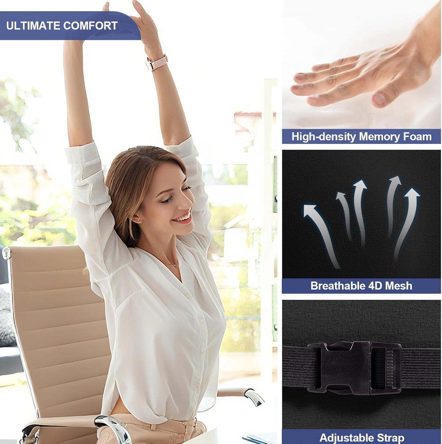 BYMECOST Lumbar Support Pillow for Car, Memory Foam Car Back Cushion | Car Seat Back Pillow for Driving, Adjustable Strap, Ergonomic Lower Back Support Pillow, Office Chairs and Wheelchairs