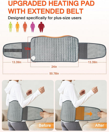 Electric Heating Pad for Back with Adjustable Belt, Moist Heat for Cramps | 12"X24"+26" Large Size, Hands-Free Wear, 6 Heat Levels, 4 Timers, Auto Shut Off, Machine Washable, Gift For Women & Men