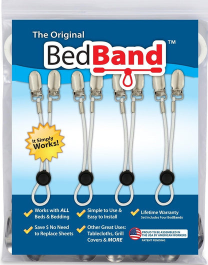 Bed Band Not Made in China. 100% USA Worker Assembled.. Bed Sheet Holder, Gripper, Suspender and Strap. Smooth any Sheets on any Bed. Sleep Better. Patented.,Black,1 Pack (4 Bands)