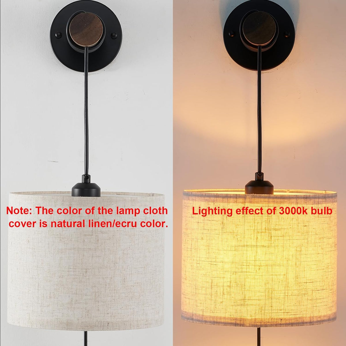 XSDeTu Battery Operated Wall Sconce with Remote, Rechargeable Battery Powered Wall Light, 3 Colors Dimmable Wall Mounted Lights, Adjustable Lamp for Bedroom Bedside, Wooden Arm, Fabric Shade, 2 Pcs