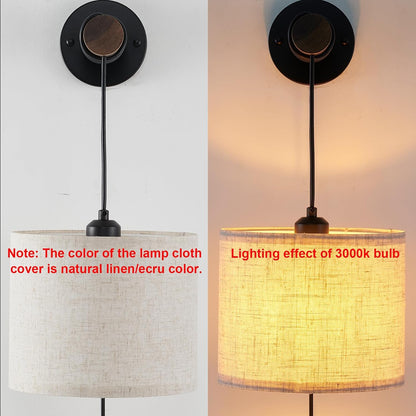 XSDeTu Battery Operated Wall Sconce with Remote, Rechargeable Battery Powered Wall Light, 3 Colors Dimmable Wall Mounted Lights, Adjustable Lamp for Bedroom Bedside, Wooden Arm, Fabric Shade, 2 Pcs