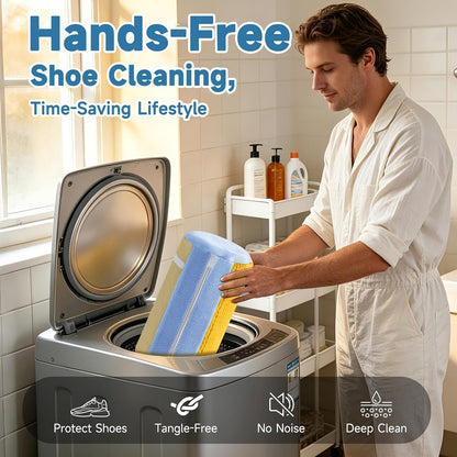 2PCS XXL Shoe Washing Machine Bag with Adjustable Shoes Trees - Heavy Duty Reusable Shoe Laundry Bag for Washer and Dryer - 360° Deep Clean & Protect Chenille Microfiber Sneakers Wash Bags - White