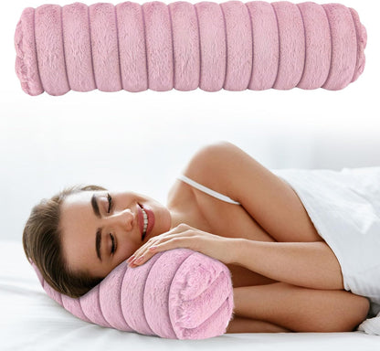 Round Cervical Roll Cylinder Bolster Pillow, Cervical Neck Roll Sponge Pillow, Faux Fur Cylinder Pillows, Neck Pillow for Sleeping for Head, Neck, Back, and Legs (Pink)