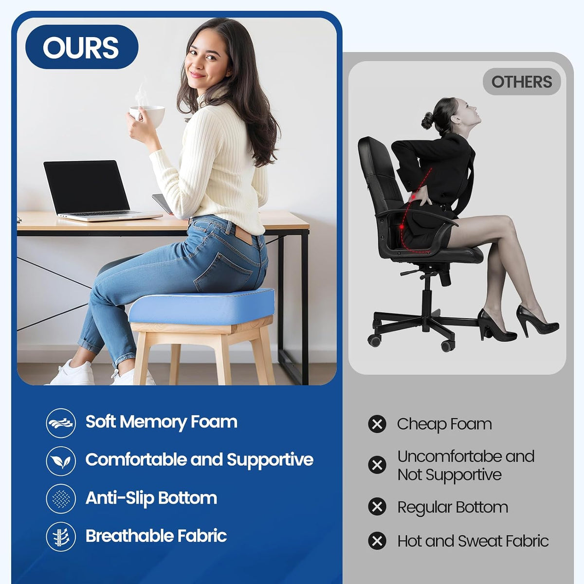 SweetSlubr Memory Foam Seat Cushion, Office Chair Cushion, 3-Inch, Large