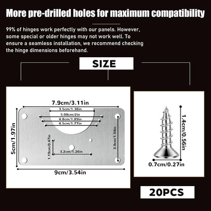 20 PCS Upgraded Cabinet Hinge Repair Plate Kit Thickened by 0.7 mm Stainless Steel Hinge Repair Brackets Kit Metal Hinges Repairs Fixing Plates with Screw for Kitchen Cupboard Door Locker Cabinet Door