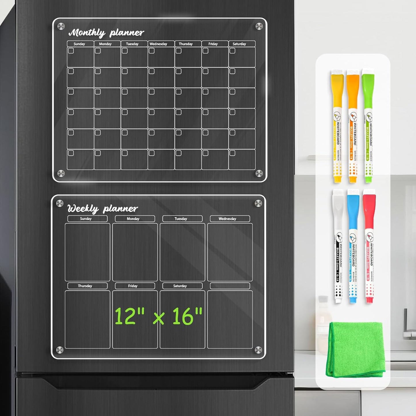 Acrylic Calendar for Fridge, Monthly Clear Acrylic Magnetic Dry Erase Board for Refrigerator, Set of 2 Stronger-Magnetic Reusable Fridge Planner, Includes 6 Liquid Chalk Markers