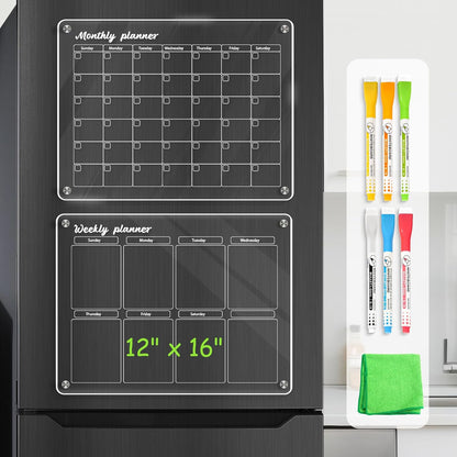 Acrylic Calendar for Fridge, Monthly Clear Acrylic Magnetic Dry Erase Board for Refrigerator, Set of 2 Stronger-Magnetic Reusable Fridge Planner, Includes 6 Liquid Chalk Markers