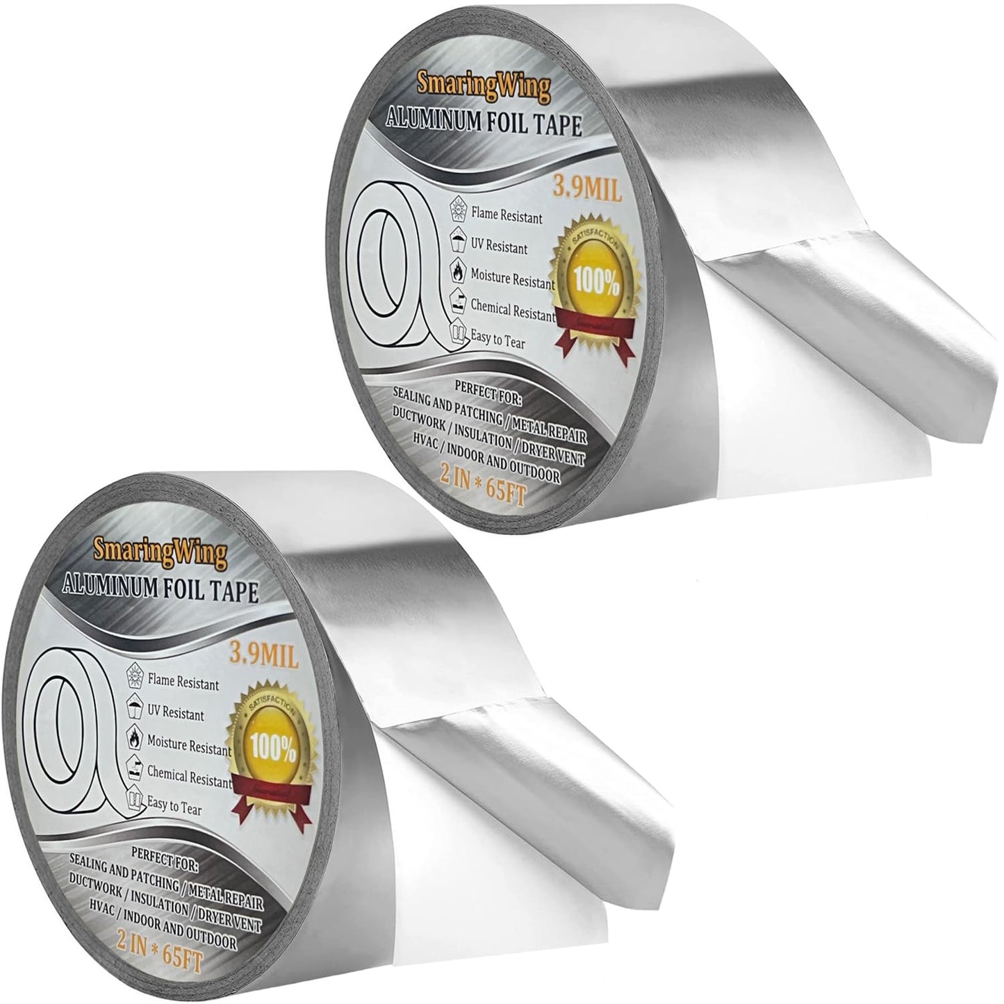 Aluminum Foil Duct Tape Heavy Duty Waterproof, Premium Silver Metal HVAC Heat Tapes (2"*65Feet,3.9mil), High Temperature, Dryer Vent Insulation Tape for Ductwork, Ducting, Sealing, Patching, Furnace