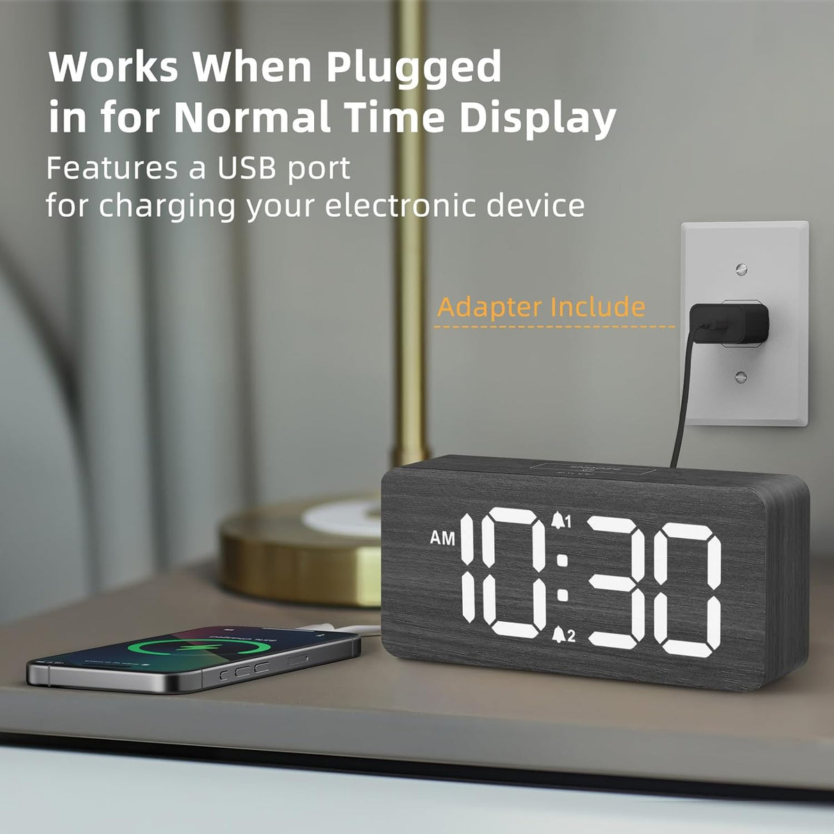uscce Wooden Digital Alarm Clocks for Bedrooms with 0-100% Dimmable Display