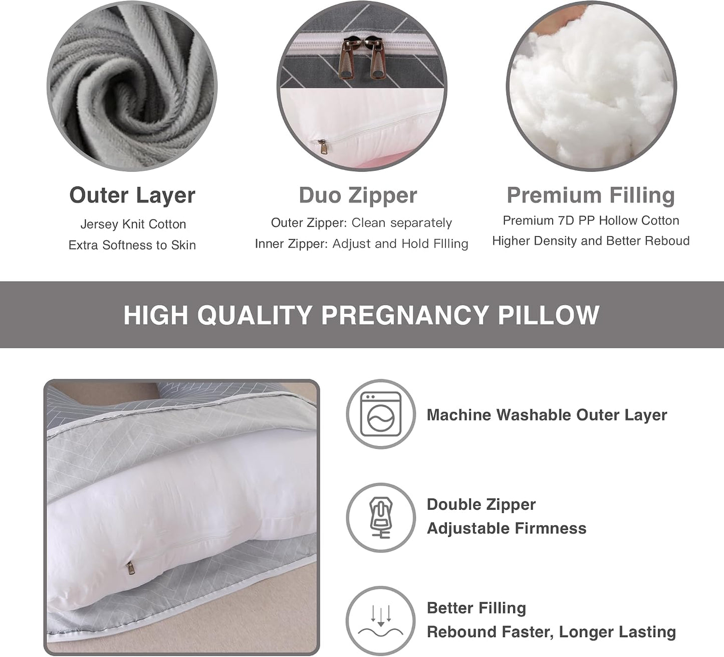 ALLOPERA Pregnancy Pillows for Sleeping, 57-Inch U-Shaped Full Body Maternity Pillow with Adjustable Fill and Removable Washable Cover, Back, Belly, Hip and Leg Support for Pregnant Women, Black Grey