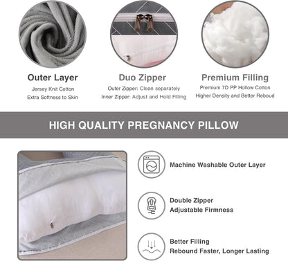 ALLOPERA Pregnancy Pillows for Sleeping, 57-Inch U-Shaped Full Body Maternity Pillow with Adjustable Fill and Removable Washable Cover, Back, Belly, Hip and Leg Support for Pregnant Women, Black Grey