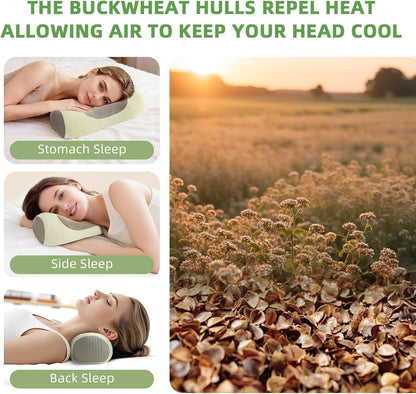 Organic Buckwheat Cervical Neck Pillow, Adjustable Neck Roll for Sleeping, Ergonomic Neck Support Bolster for Side & Back Sleepers, Firm Support Pillow for Neck Pain Relief & Spine Alignment