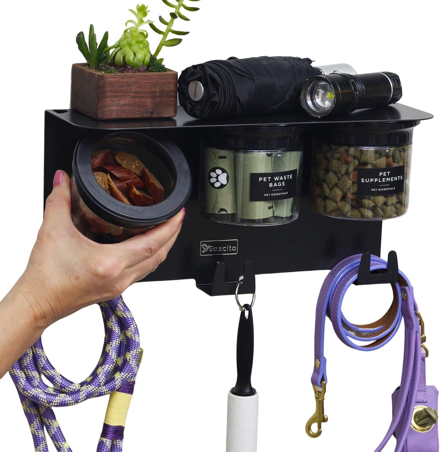 Dog Leash Holder for Wall with Shelf — Wall Mounted Dog Treat Holder & Station, 2 Airtight 32oz Treat Containers, 9 Hooks, Patented Lidless Slide-to-Seal Jars, Solid Steel, Made in USA