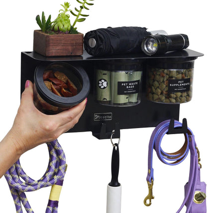 Dog Leash Holder for Wall with Shelf — Wall Mounted Dog Treat Holder & Station, 2 Airtight 32oz Treat Containers, 9 Hooks, Patented Lidless Slide-to-Seal Jars, Solid Steel, Made in USA