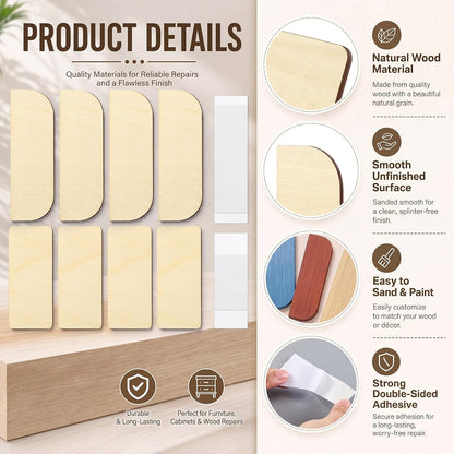 8 Pack 3.5 Inch Hinge Repair Wooden Plate Door Hole Cover Plate Wooden Hinge Filler Wood Repair Kit Kitchen Cabinet Hinges Cabinet Door Blanks with Double Sided Tapes