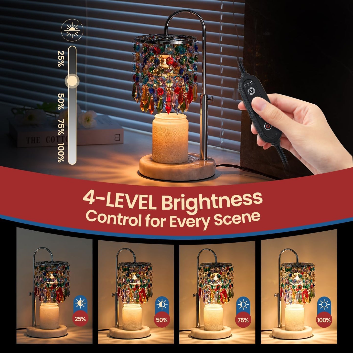 Candle Warmer Lamp with Timer Dimmer and 3 Bulbs, Candle Lamp Warmer with Marble Base for Adjustable Height, Crystal Candle Lamp for Jar Candles, House Warming Gifts Home Room Decor, Silver