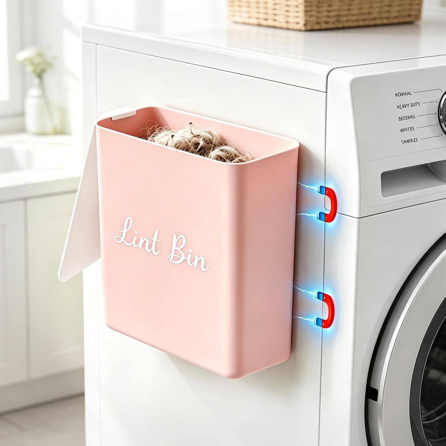 Magnetic Lint Bin with Lid for Laundry Room, Compact Plastic Dryer Lint Holder, Small Laundry Trash Container for Dryer Lint & Used Dryer Sheets, Space Saving Storage Decor Organizer (Black)