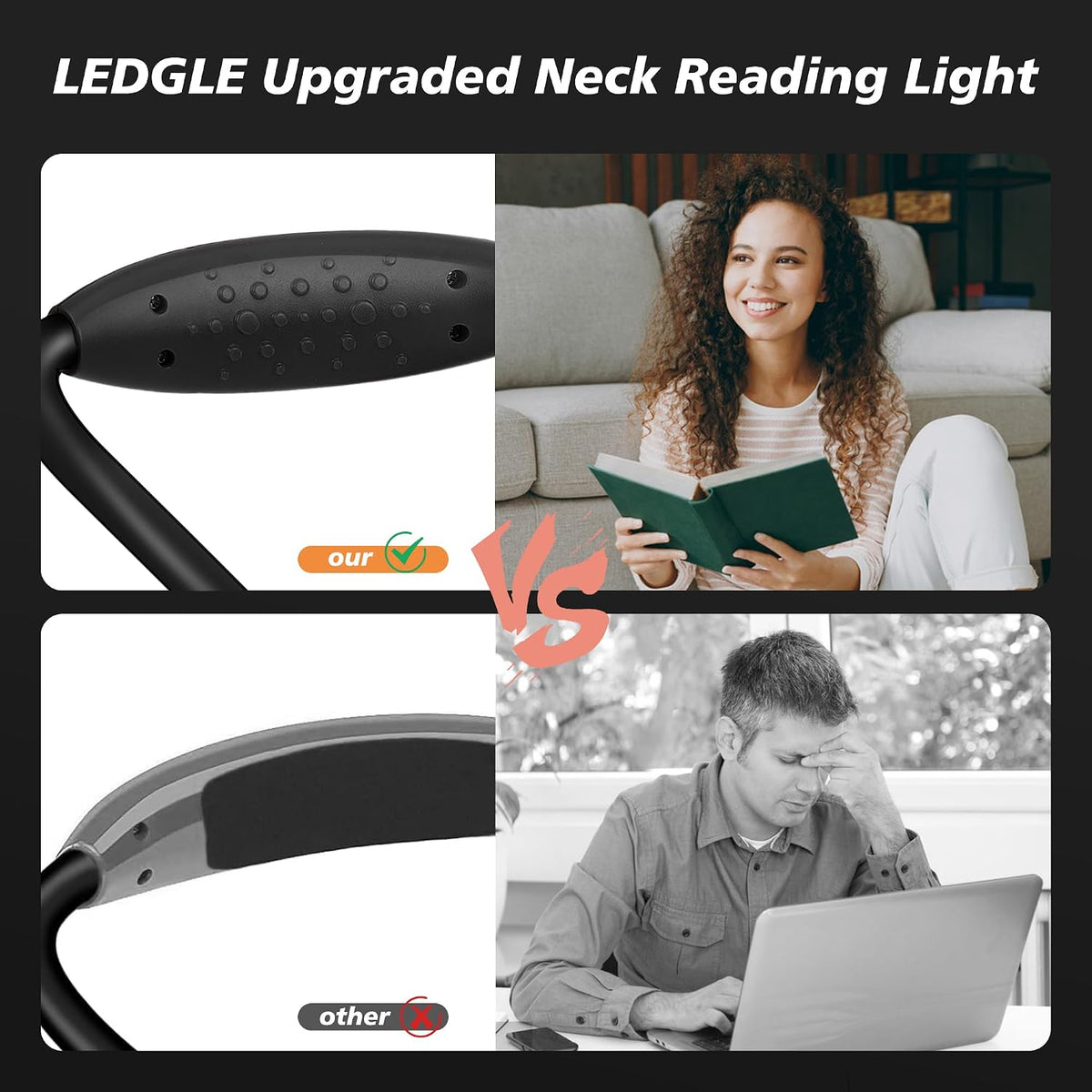 LEDGLE Neck Book Light for Reading Rechargeable,Long Arm,6 Brightness-Black