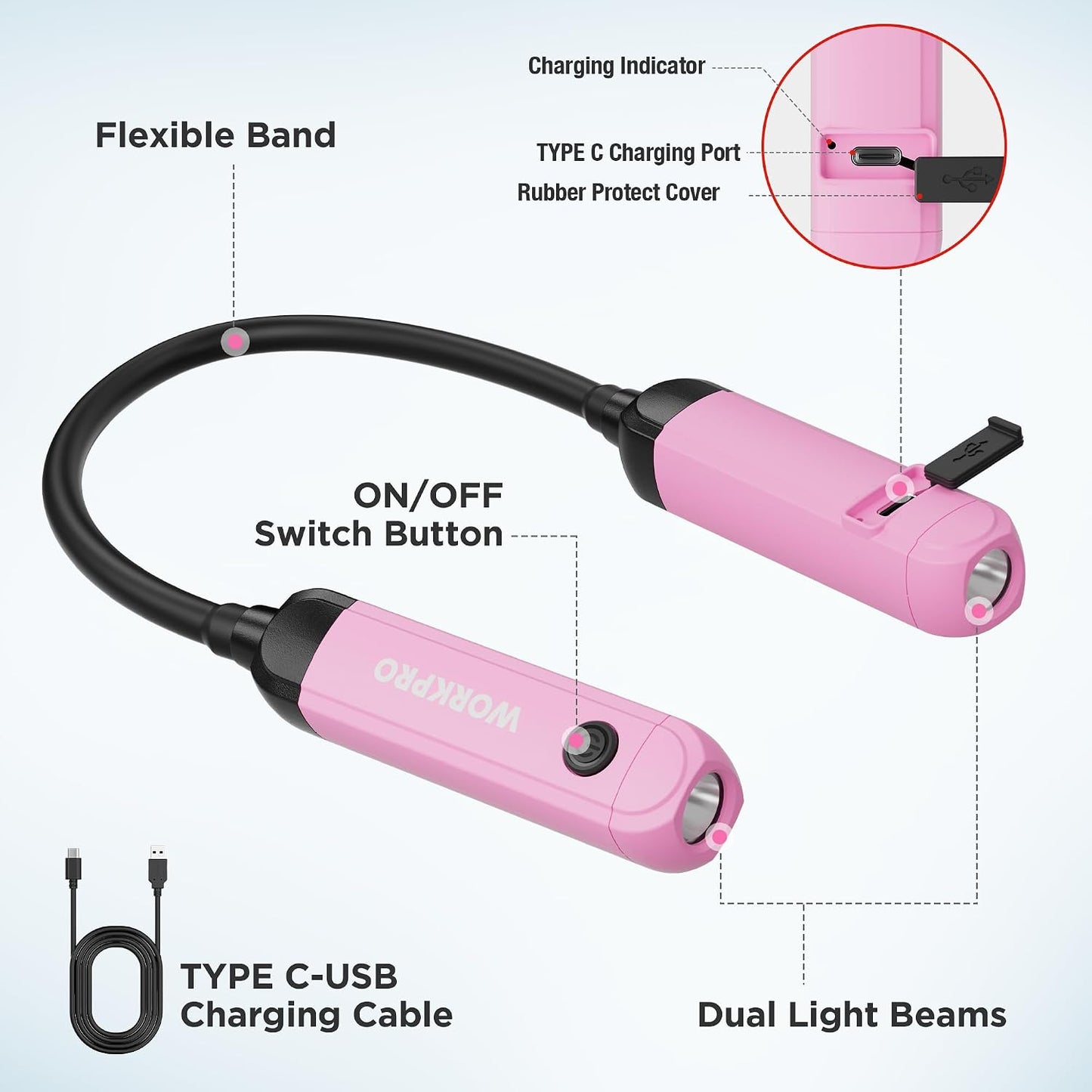 WORKPRO Rechargeable Neck Light, 3 Brightness Hands-Free Neck Work Light | Hands-Free Bendable Silicone Arm, Neck Flashlight Lamp, for Mechanics, Camping, DIY Projects, Crafting, Blue and Black