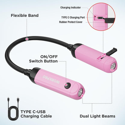 WORKPRO Rechargeable Neck Light, 3 Brightness Hands-Free Neck Work Light | Hands-Free Bendable Silicone Arm, Neck Flashlight Lamp, for Mechanics, Camping, DIY Projects, Crafting, Blue and Black