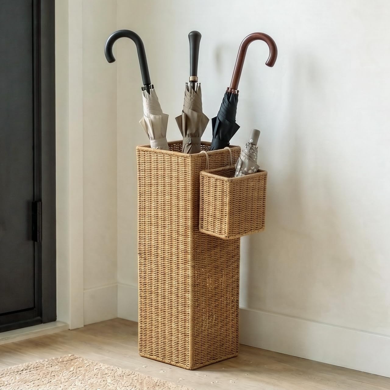 Rattan Umbrella Stand with Small Basket & Drip Tray, Umbrella Holder for Entryway, Tall Wicker Basket for Storage, Woven Organizer for Inoor, Outdoor, Home, Office, Hotel