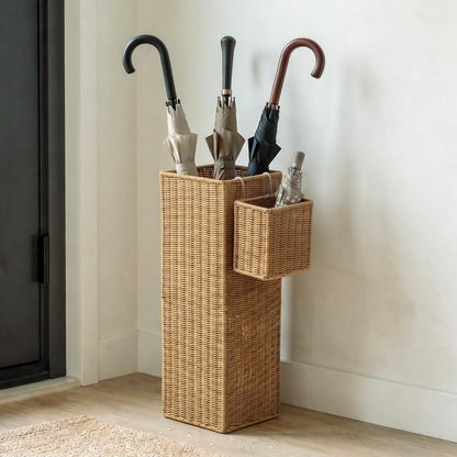 Rattan Umbrella Stand with Small Basket & Drip Tray, Umbrella Holder for Entryway, Tall Wicker Basket for Storage, Woven Organizer for Inoor, Outdoor, Home, Office, Hotel