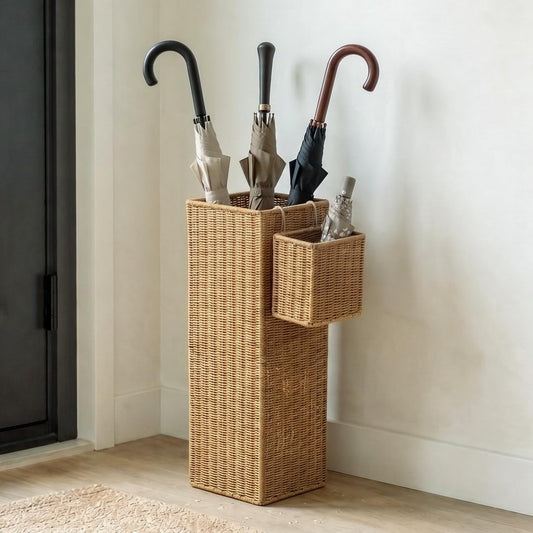 Rattan Umbrella Stand with Small Basket & Drip Tray, Umbrella Holder for Entryway, Tall Wicker Basket for Storage, Woven Organizer for Inoor, Outdoor, Home, Office, Hotel