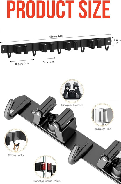 Mop and Broom Holder Wall Mount, Upgraded Broom Hanger Wall Mount, Stainless Steel Broom Organizer for Closet Garage Laundry Room Kitchen Wall Decor(3Racks 4Hooks Black)