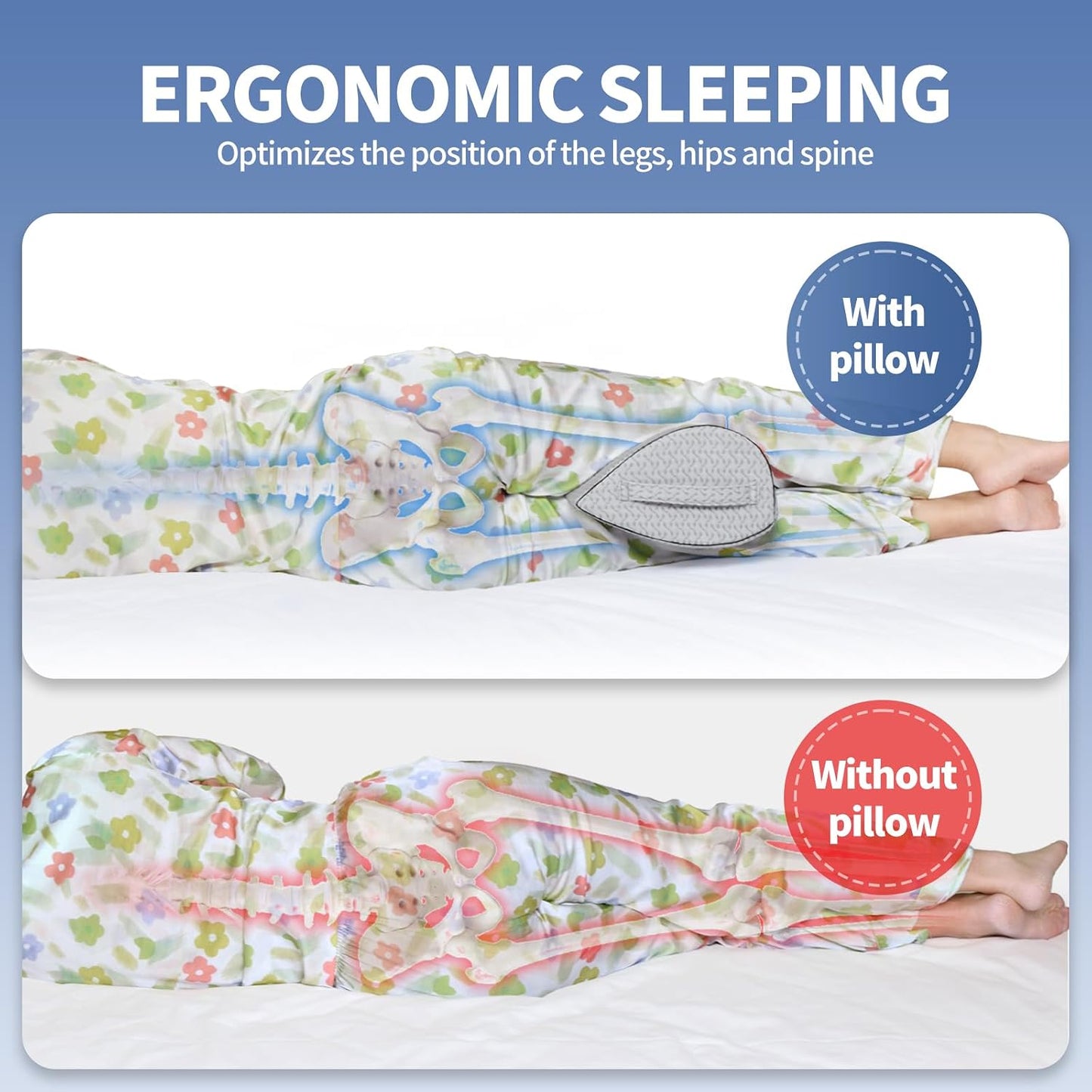 Memory Foam Knee Pillow for Back Sleepers, Spinal Alignment, Gray | Teardrop shape, leg cradle, 22"x10"x6", machine-washable cover, cooling air-layer, post-surgery & side sleep use