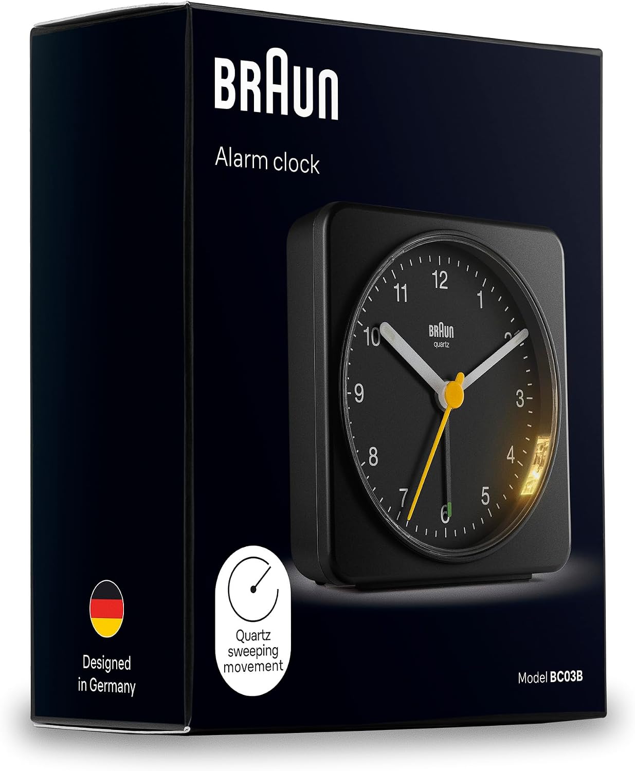 Braun Classic Analogue Alarm Clock with Snooze and Light, Quiet Quartz Sweeping Movement, Crescendo Beep Alarm in Black, Model BC03B.
