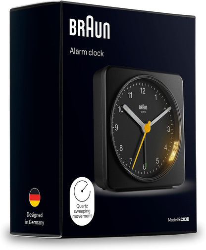 Braun Classic Analogue Alarm Clock with Snooze and Light, Quiet Quartz Sweeping Movement, Crescendo Beep Alarm in Black, Model BC03B.