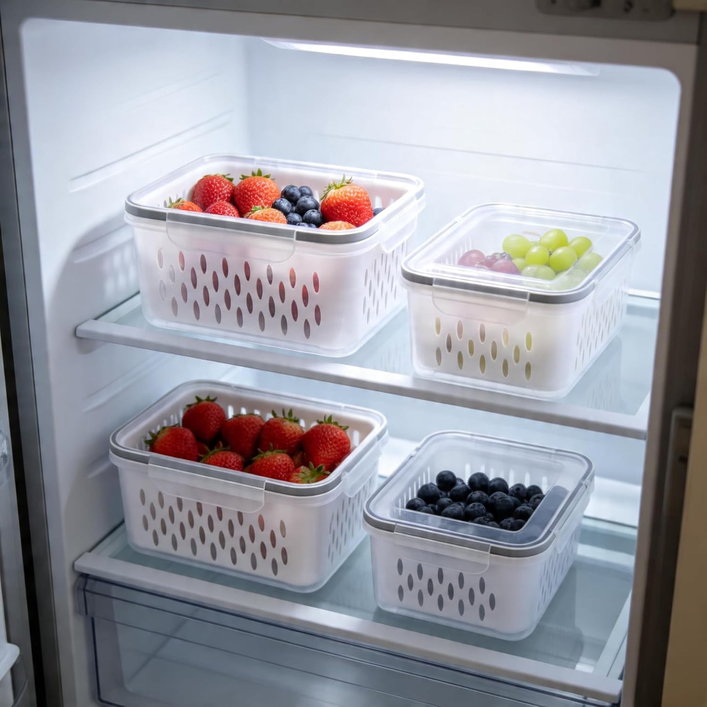 6 Packs Large Fruit Containers, Fridge Organizer Bins | Plastic Airtight Food Storage Containers with Removable Colander for Berries, Fruits, Vegetables, Salad