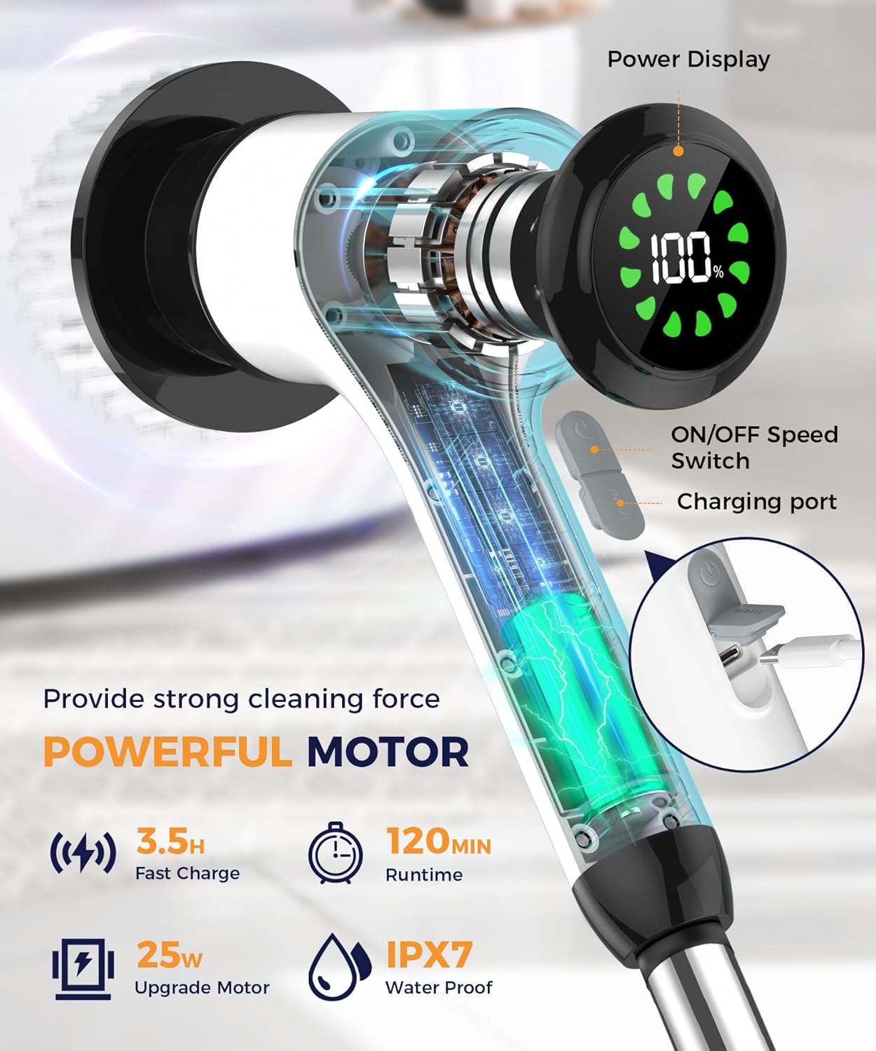 Cordless Electric Spin Scrubber, 8-in-1 Bathroom Cleaner | Bathroom scrubber, LED display, dual speeds, IPX7 waterproof, interchangeable heads for grout, tub, shower, wet-dry vacuum