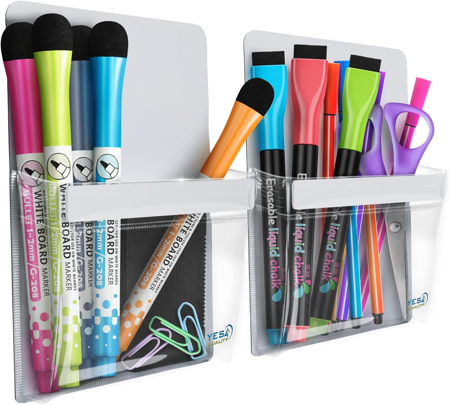 YES4QUALITY Magnetic Pen Holder for Refrigerator with Strong Magnetic Back, Dry Erase Marker Holder Ideal for Whiteboard & Fridge, Clear & White Pencil Cup