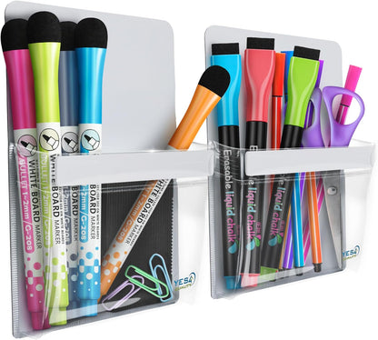 YES4QUALITY Magnetic Pen Holder for Refrigerator with Strong Magnetic Back, Dry Erase Marker Holder Ideal for Whiteboard & Fridge, Clear & White Pencil Cup