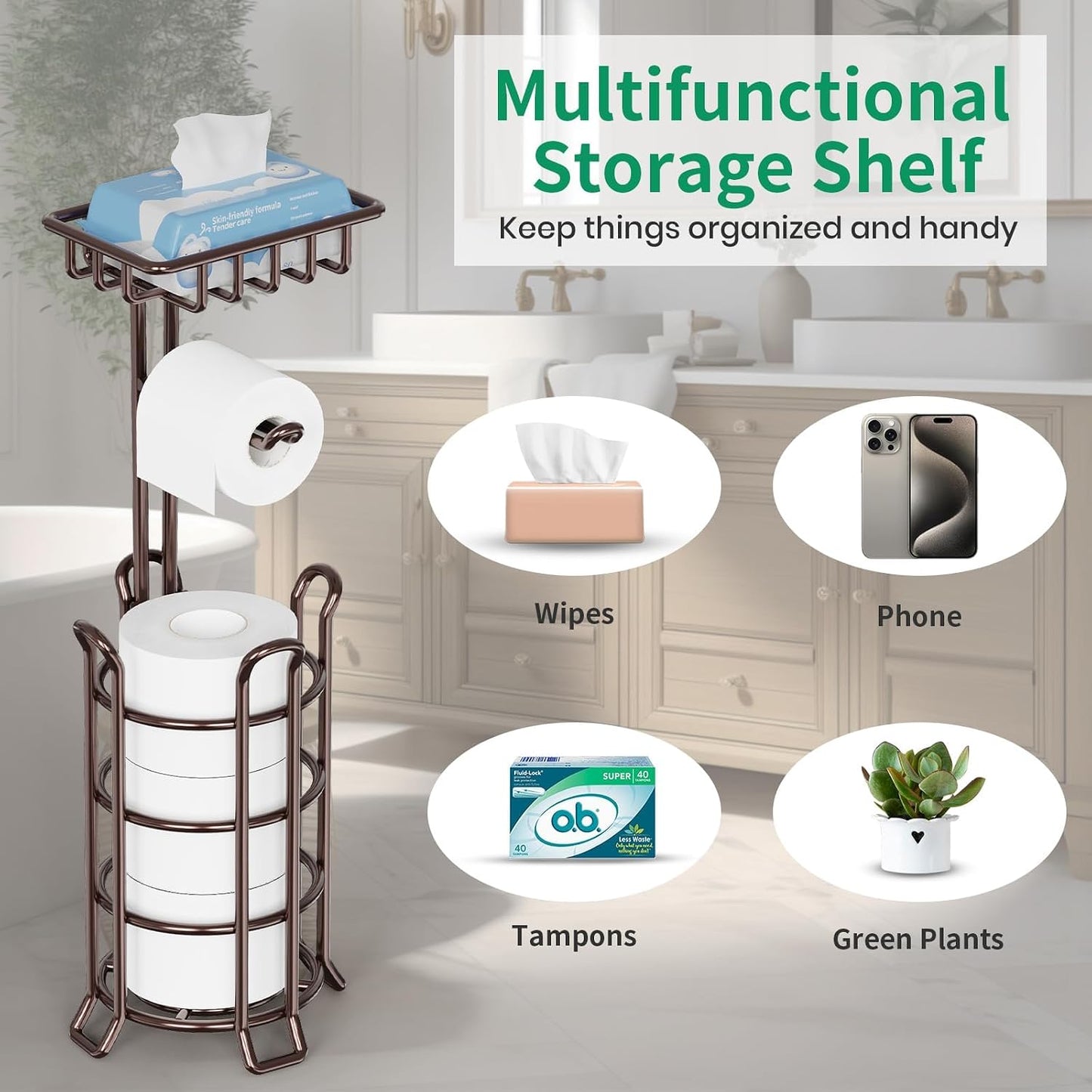 TomCare Toilet Paper Holder Free Standing with Shelf, Stable 4 Raised Feet | Stores 4 Mega Rolls, Tool-Free Assembly, Powder-Coated Metal Frame, Bathroom Storage Organizer for Spare Rolls, Silver