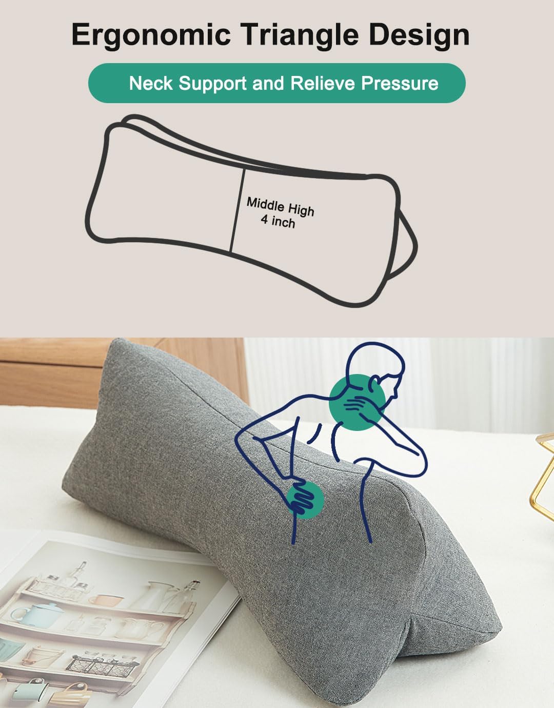 Cervical Buckwheat Neck Roll Pillow for Pain Relief, Firm Neck Support Bolster for Back Sleepers, Washable Cover, Ideal for Office Lunch Break, Blue 15 X 5 Inches