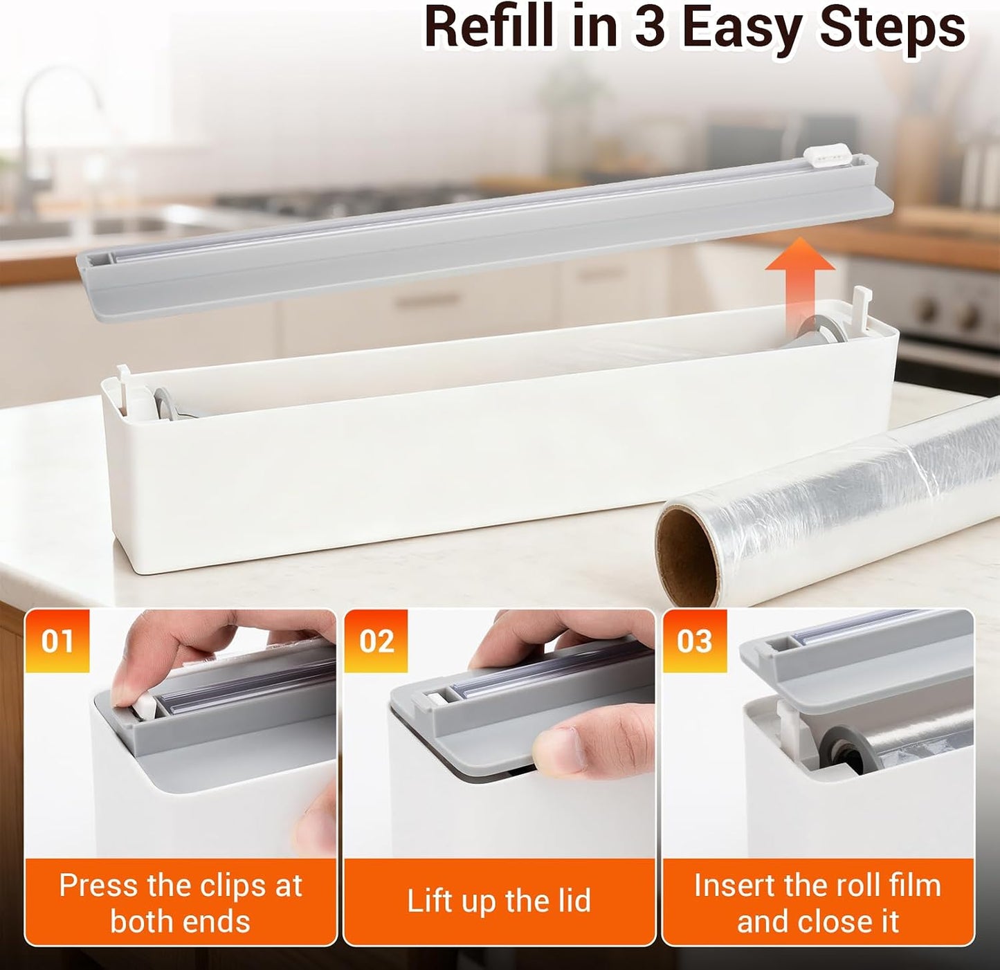 Plastic Wrap Dispenser with Cutter - Magnetic Plastic Wrap Dispenser for Kitchen & Home, Refillable Food Cling Wrap Holder, Easy to Attach to Refrigerator, Fits 12" Rolls, Smooth Cutting Design