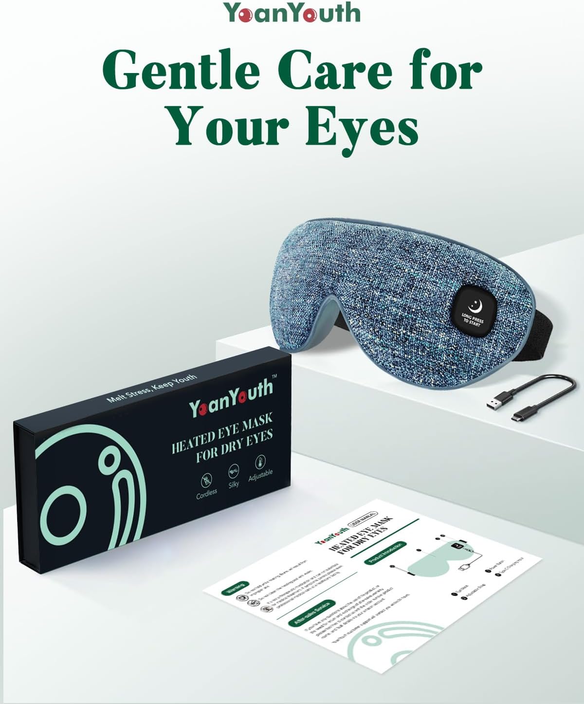 YoanYouth Heated Eye Mask for Dry Eyes, FSA Eligible HSA, Cordless Warm Compress for Eyes, Light Blocking Eye Heating Pad, Styes, Sleep, Cover Washable, Rechargeable, Light Blue