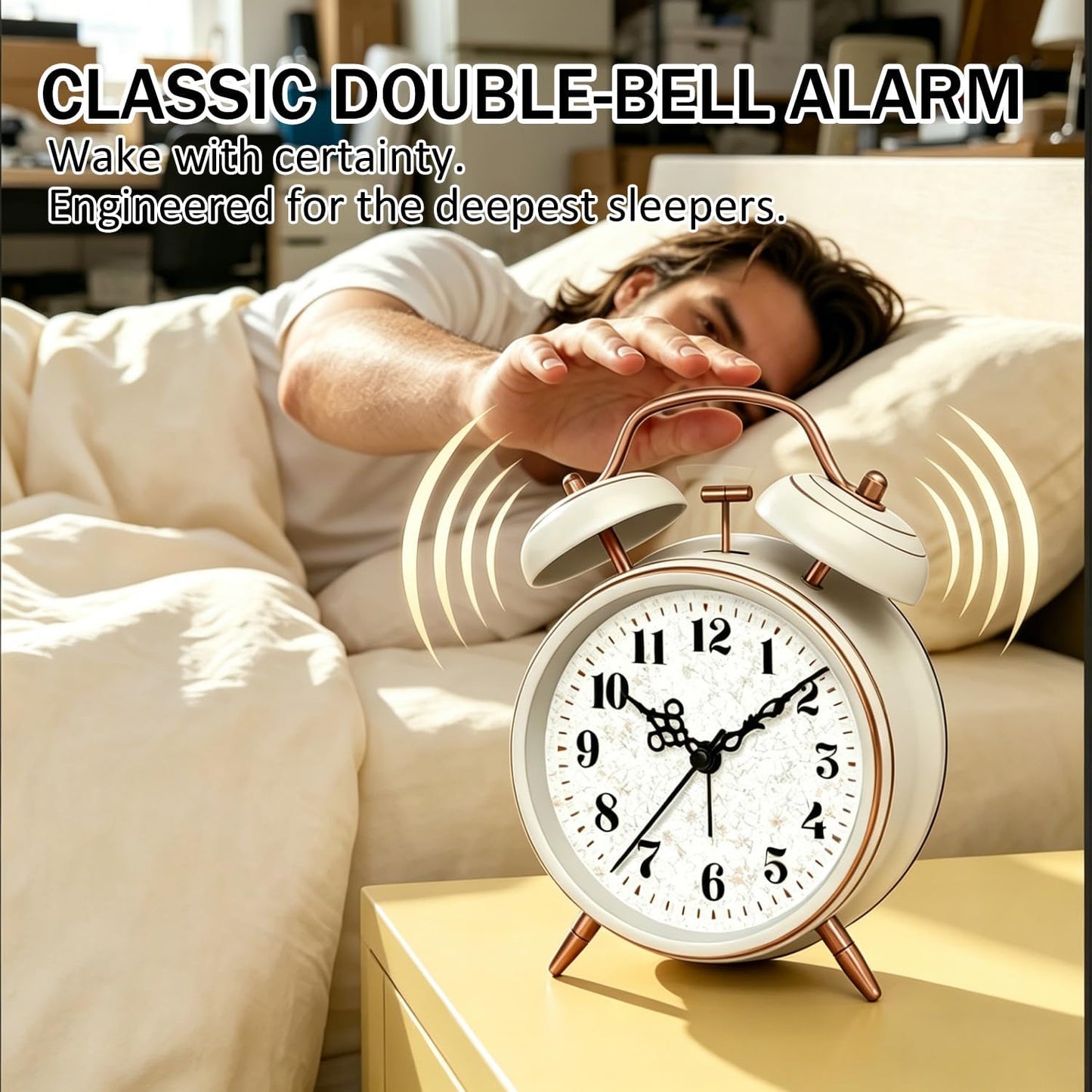 4.5" Metal Loud Alarm Clock for Heavy Sleepers Adults, Analog Battery Operated Alarm Clock with Bells Glow in Dark Numbers, Silent Old School Bedside Desk Clock for Bedroom Office Kids, Black
