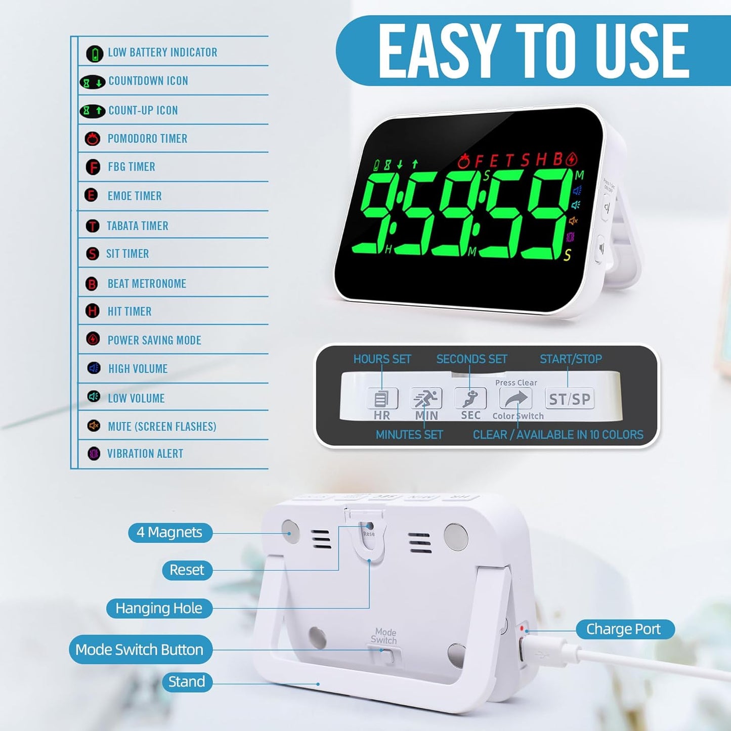 TXL Digital Timer for Classroom, Pomodoro, Gym & Kitchen – Rechargeable Magnetic Countdown Timer, Large LED Display, Loud Alarm, 3 Volume Levels & 3 Brightness Settings